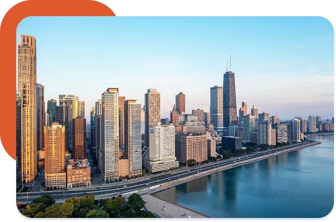 Daylight aerial view of Chicago's Lake Shore Drive and high-rise buildings managed by KWPMC Midwest property management.